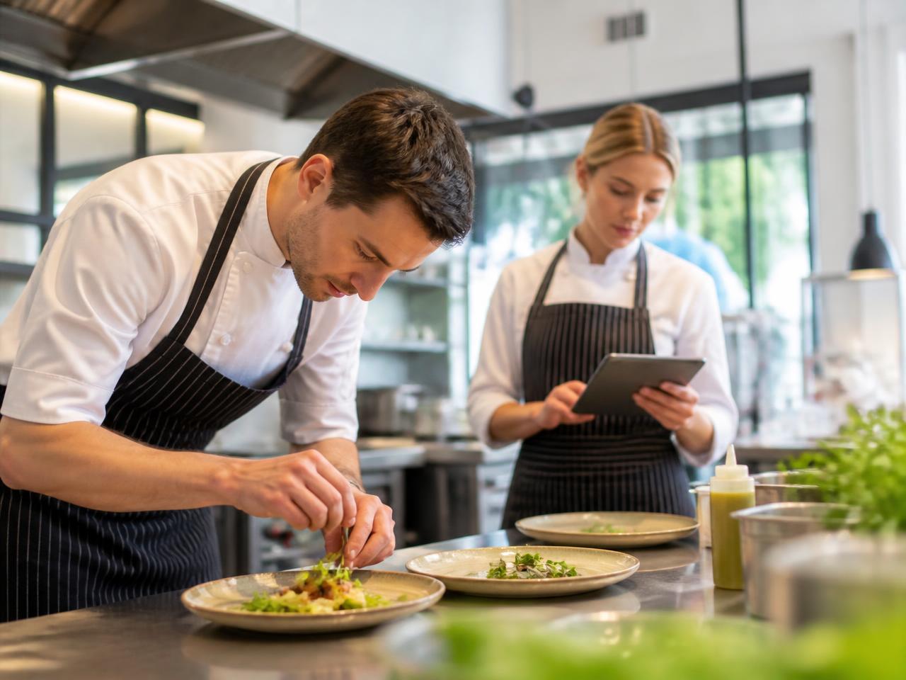 Chef plating a dish while a colleague checks orders on a tablet in a bright restaurant kitchen